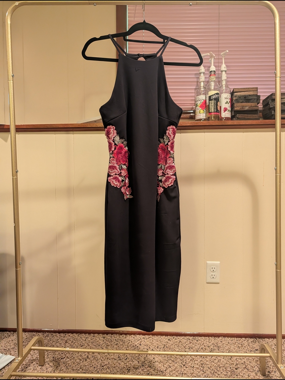 Bisou Bisou Black Halter Midi Dress with Pink Floral Appliqué